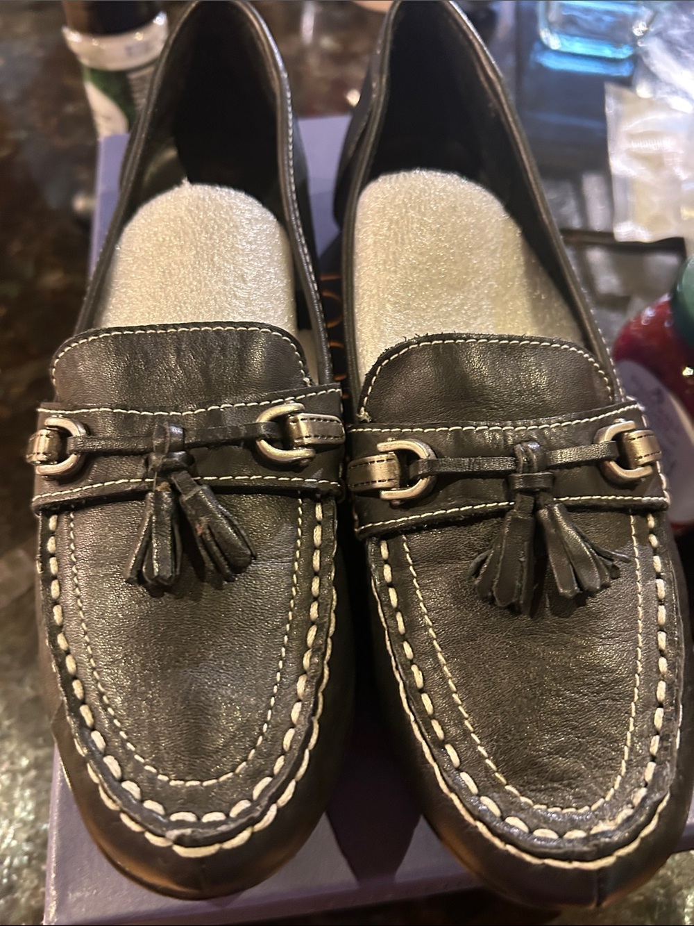 Womens Black Leather Tassel Loafers
